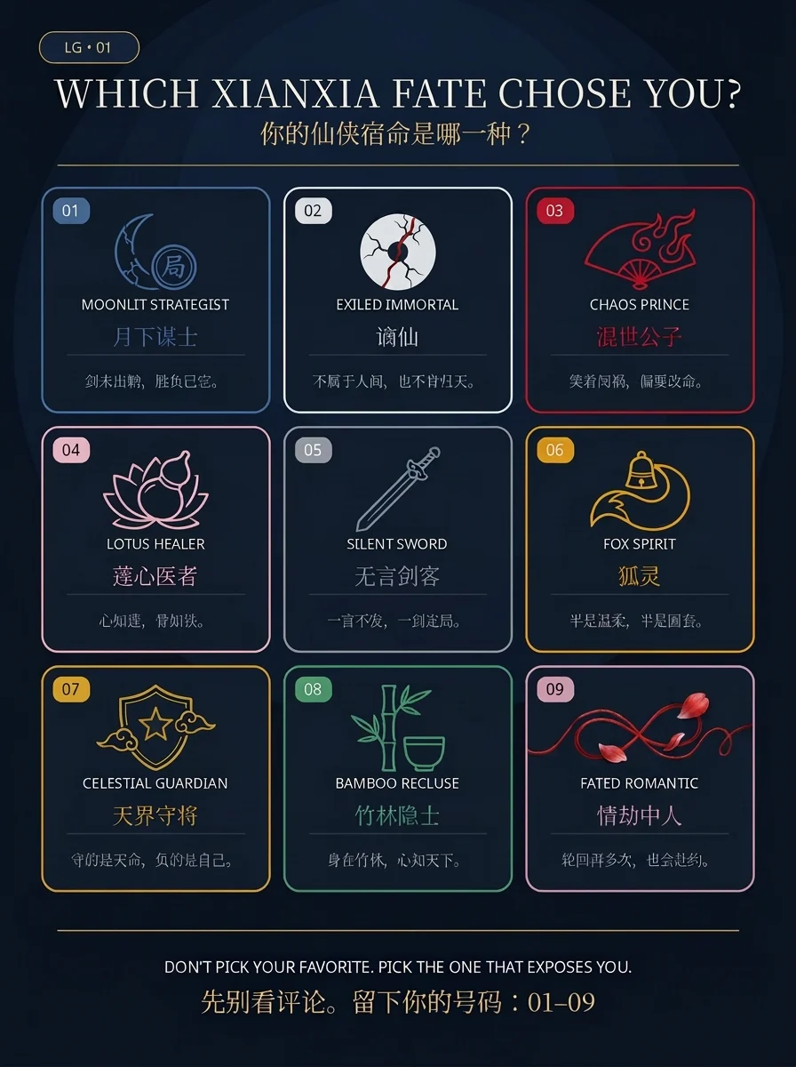 Legendary Grid 01: Which Xianxia Fate Chose You? Nine illustrated archetypes arranged in a three-by-three grid.